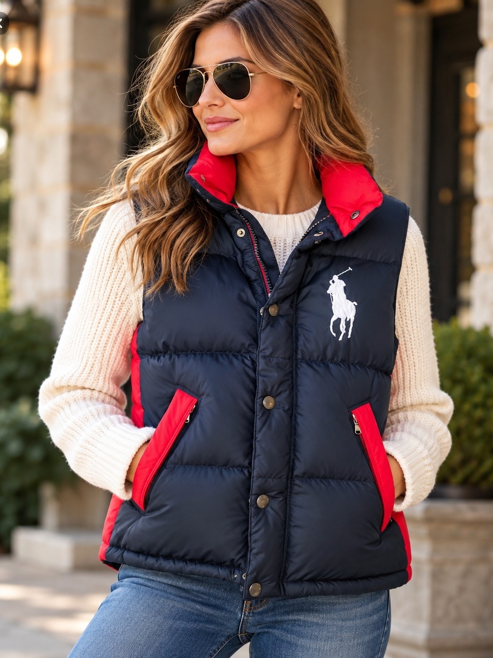 Ralph Lauren Big Pony Down Puffer Vest Navy Red Full Zip Snap Women's S